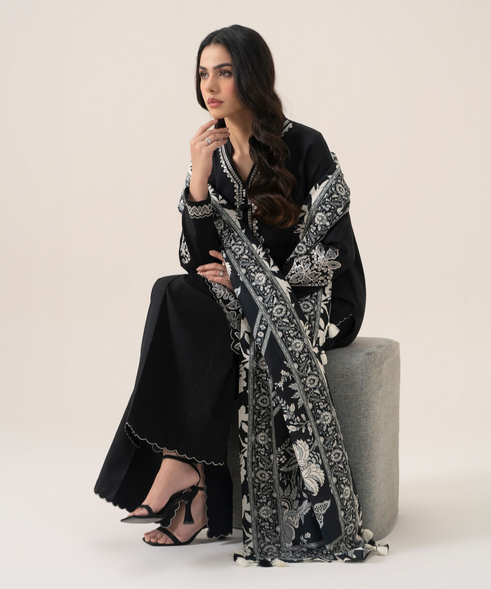 Women's Unstitched Lawn Embroidered Black 3 Piece Suit