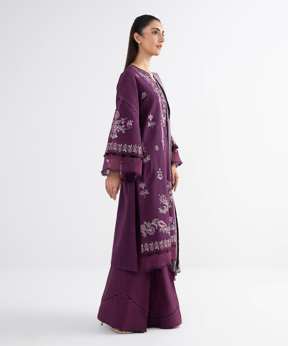 Women's Unstitched Dobby Embroidered Purple 3 Piece Suit