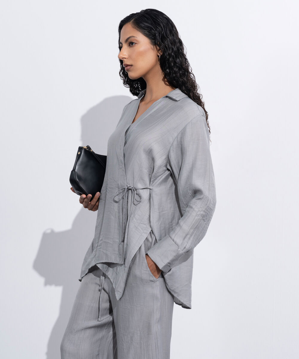 Women's Western Wear Grey Textured Wrap Around Shirt