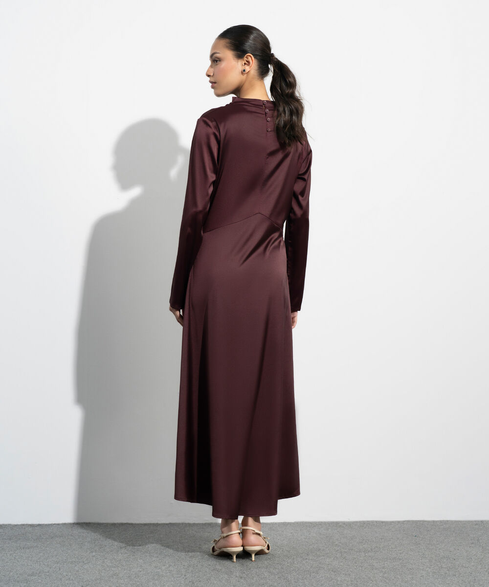 Women's Western Maroon Polka Dot Satin Dress