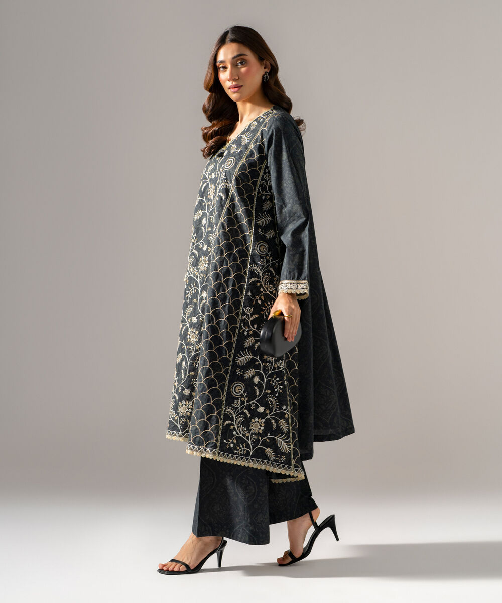 Women's RTW Cambric Printed Embroidered Black 2 Piece Suit