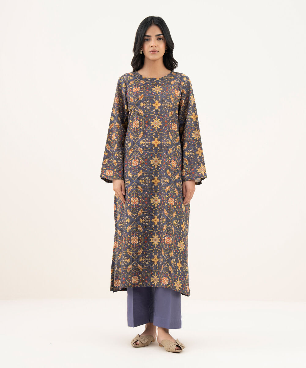 Women's RTW Khaddar Printed Straight Black Shirt