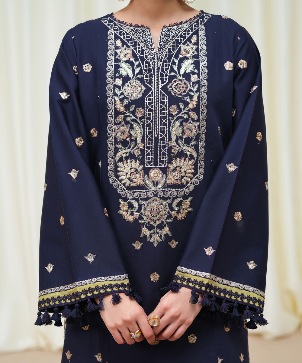 Women's Unstitched Fine Cotton Satin Embroidered Blue 3 Piece Suit