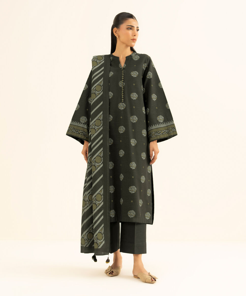 Women's Unstitched Khaddar Printed Brown 3 Piece Suit