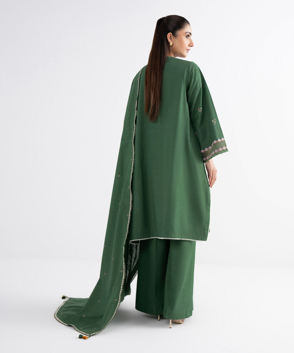 Women's Unstitched Cotton Embroidered Green 3 Piece Suit