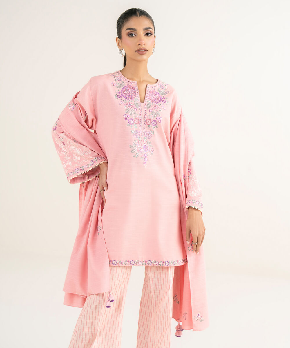 Women's Unstitched Khaddar Embroidered Pink 3 Piece Suit