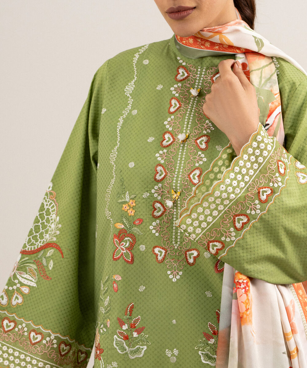 Women's Unstitched Self Jacquard Embroidered Green 3 Piece Suit
