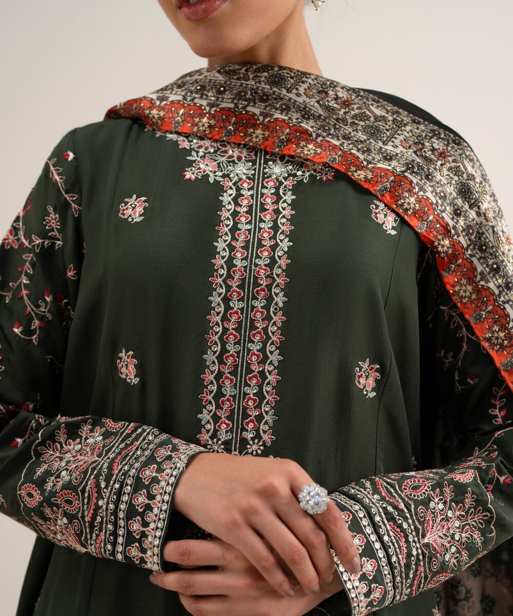 Women's Unstitched Embroidered Blended Raw Silk Green 3 Piece Suit