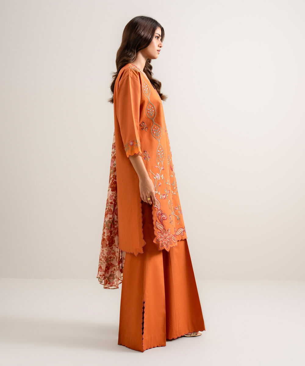 Women's Unstitched Embroidered Textured Lawn Orange 3 Piece Suit