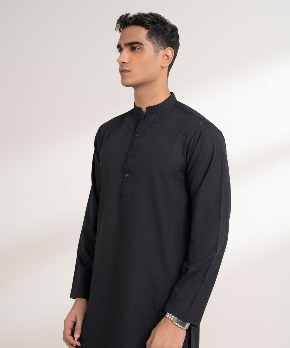 Men's Stitched Jacquard Black Kurta