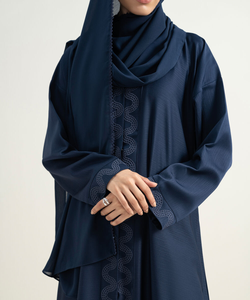 Women's Black Embroidered Button- Through Abaya