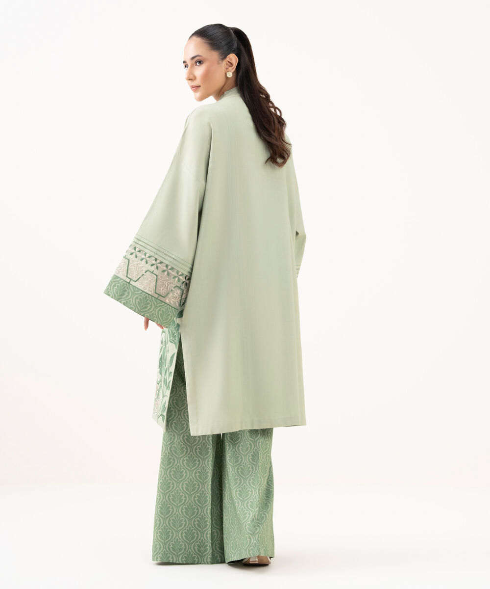 Women's Unstitched Linen Embroidered Green 2 Piece Suit