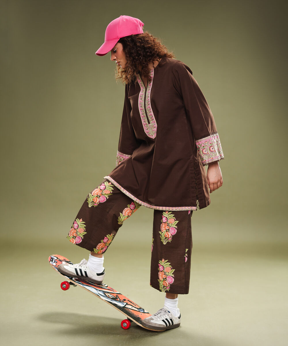 Women's RTW Cambric Printed Brown Flared Pants