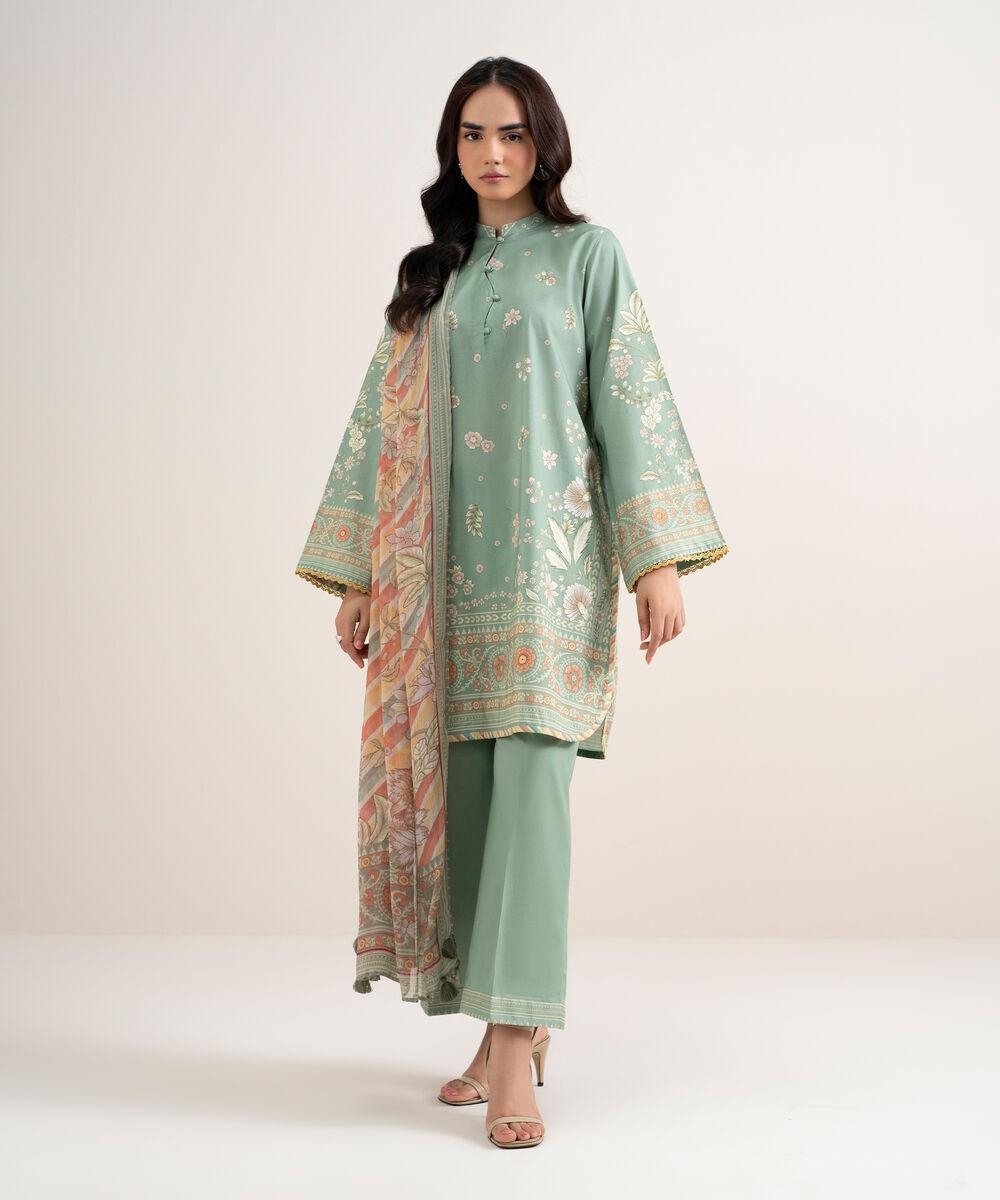 Women's Unstitched Lawn Printed Green 3 Piece Suit