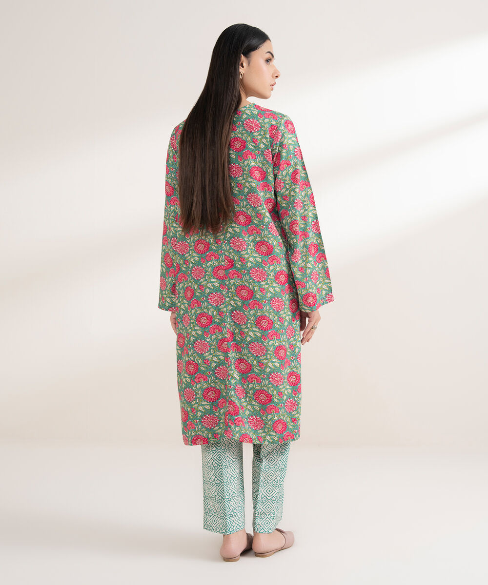 Women's RTW Arabic Khaddar Printed Straight Green Shirt