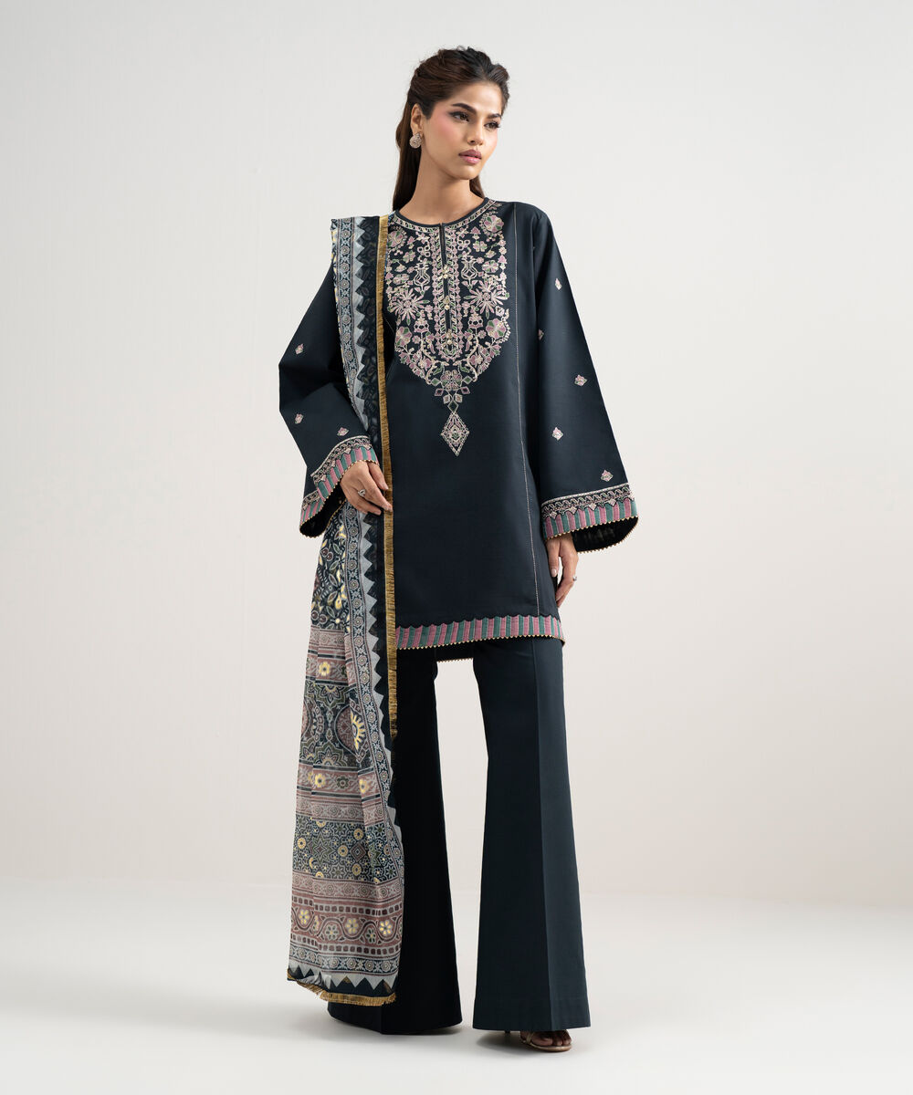 Women's Unstitched Lawn Embroidered Black 3 Piece Suit