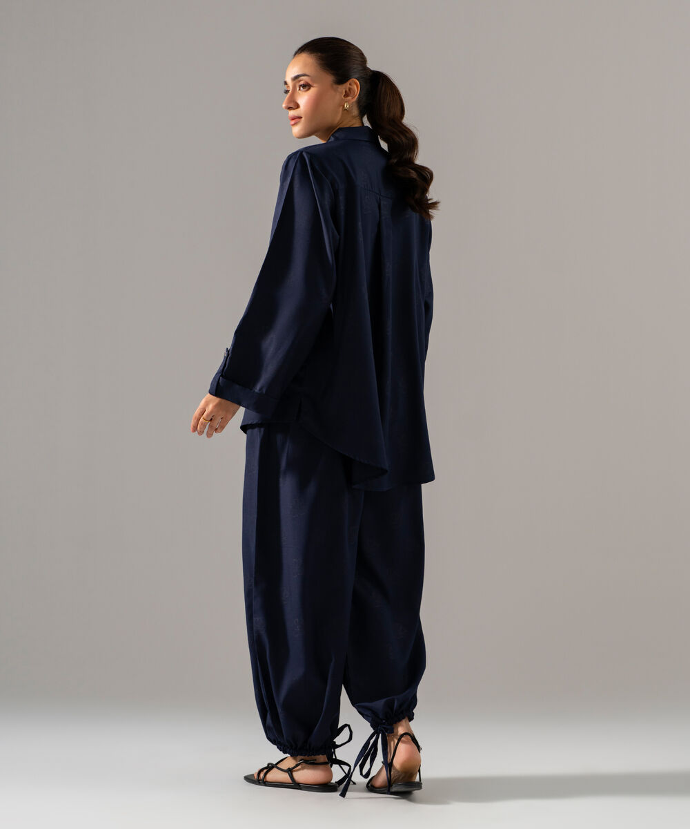 Women's RTW Poly Viscose Jacquard Solid Blue 2 Piece Suit
