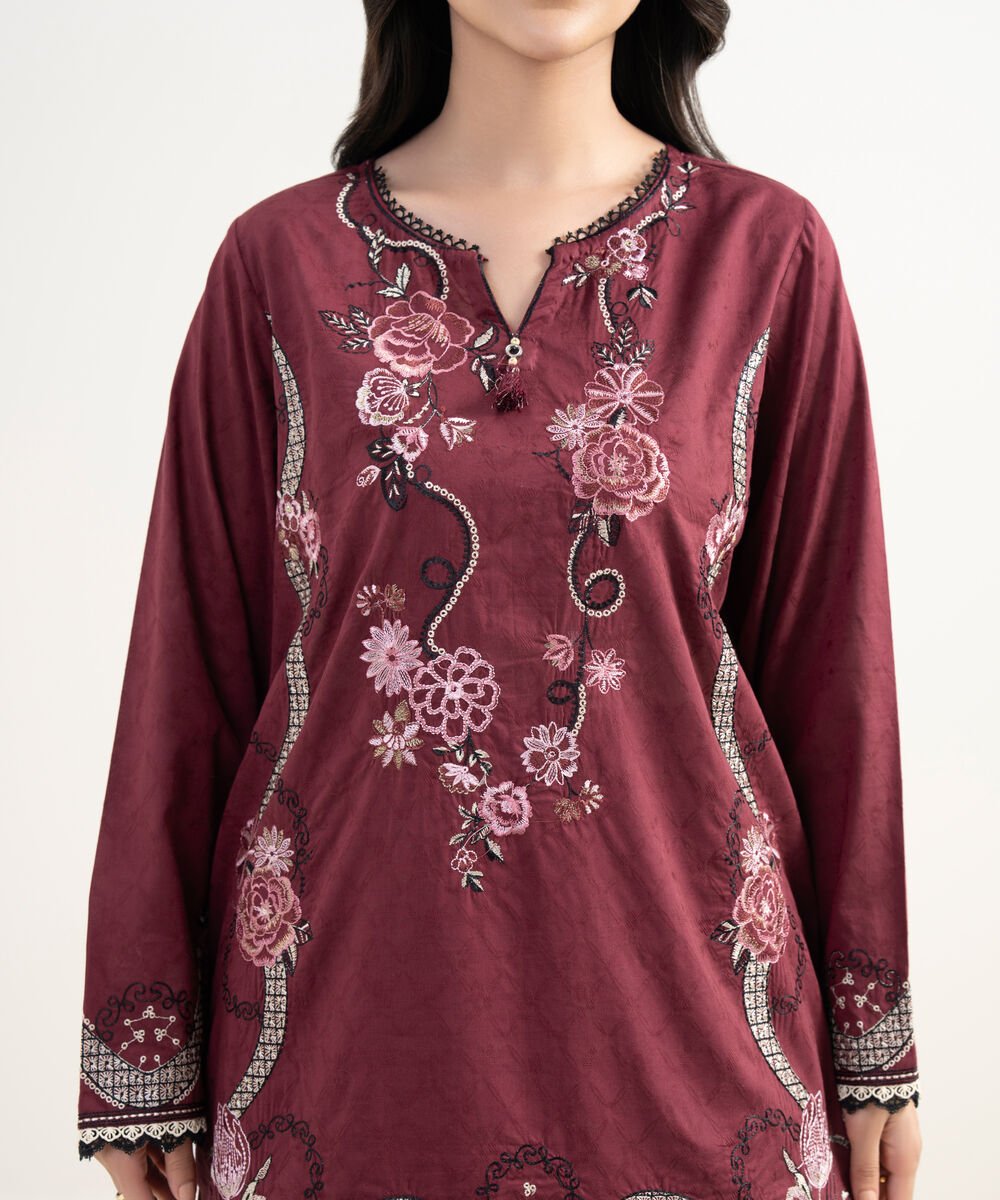 Women's RTW Self Jacquard Embroidered Red Straight Shirt