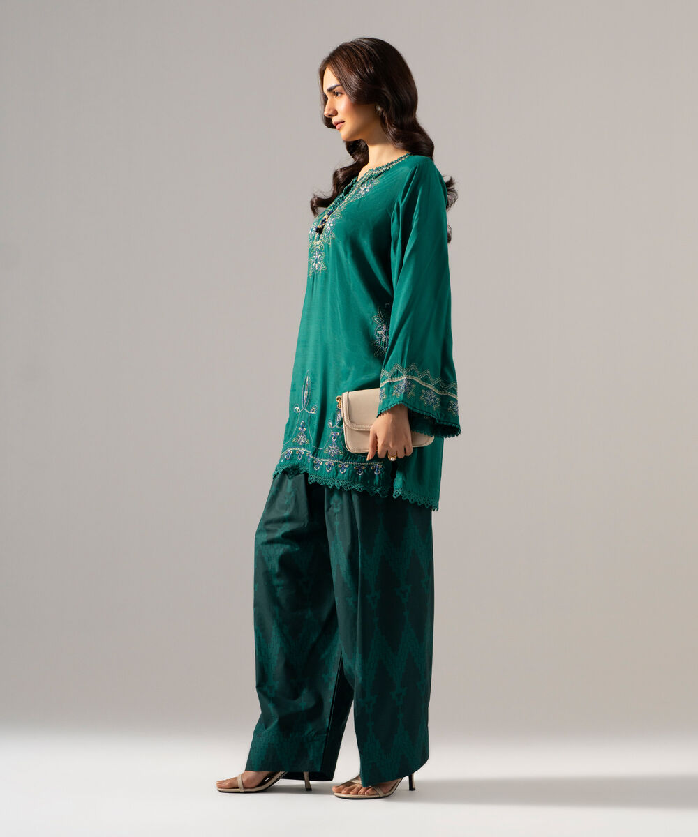 Women's RTW PK Raw Silk Solid Embroidered Green 2 Piece Suit