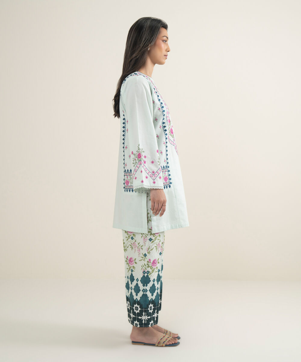 Women's RTW Dobby Embroidered Green Boxy Shirt