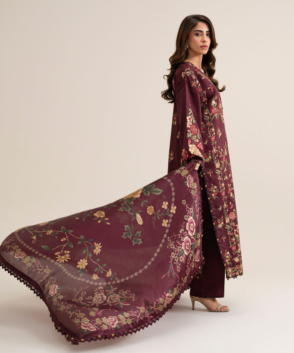 Women's Unstitched Cotton Embroidered Maroon 3 Piece Suit
