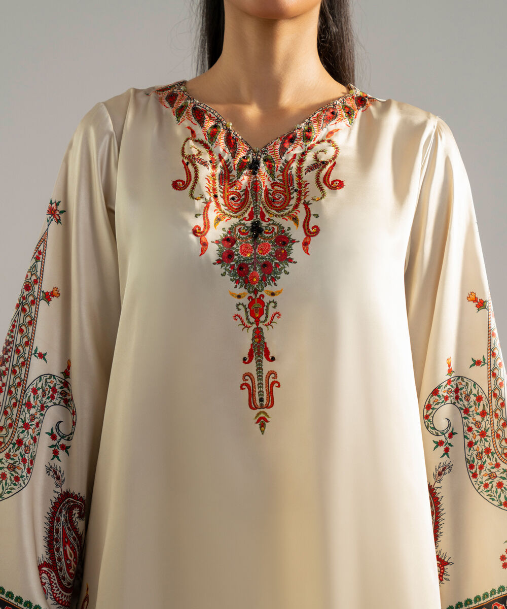 Women's RTW Blended Satin Printed Off White 2 Piece Suit