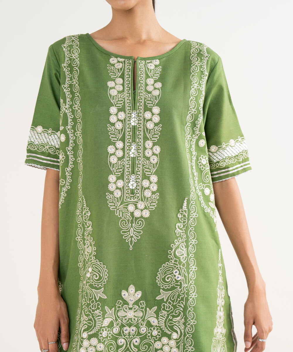 Women's Unstitched Cotton Embroidered Green 3 Piece Suit