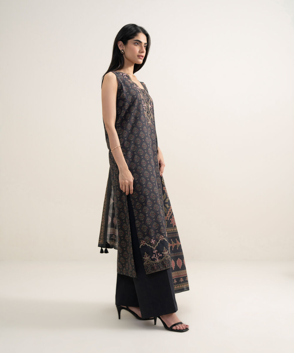 Women's Unstitched Lawn Embroidered Black 3 Piece Suit