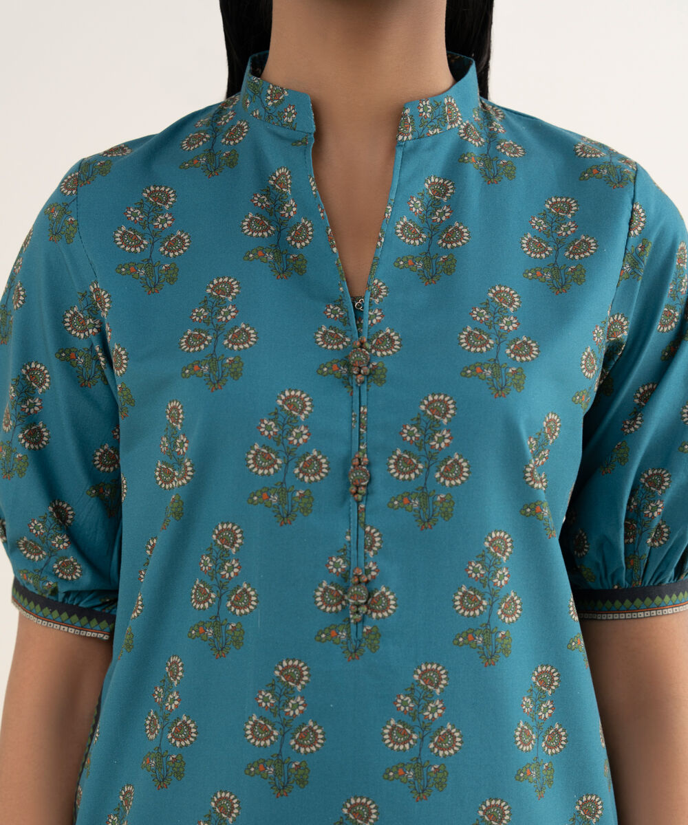 Women's Unstitched Cotton Printed Blue Shirt