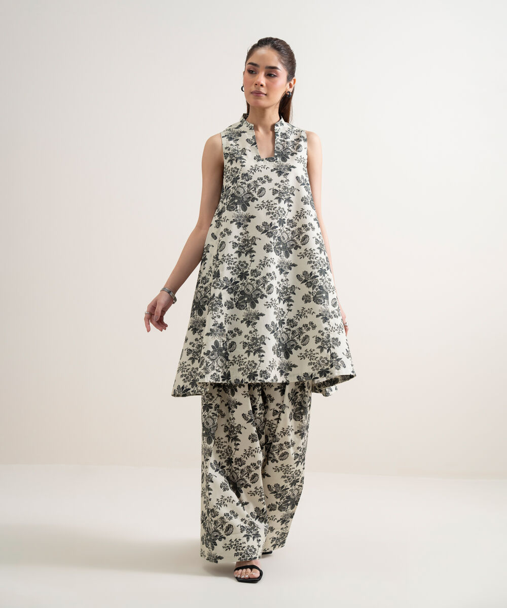 Women's Unstitched Lawn Printed Off White and Grey Shirt