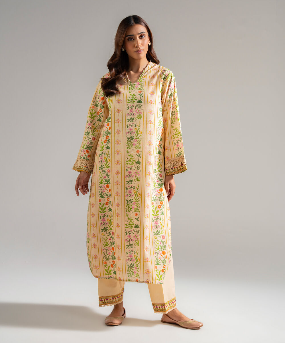 Women's RTW Slub Lawn Printed Beige Straight Shirt