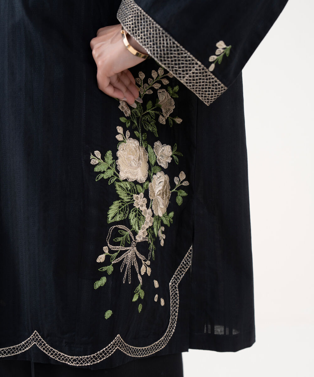 Women's RTW Textured Lawn Black Embroidered Drop Shoulder Shirt