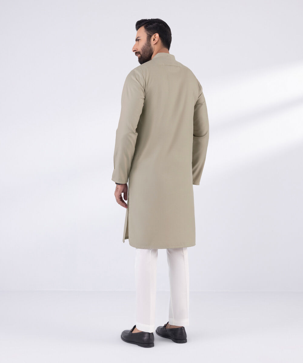 Men's Blended Stitched Plain Beige Kurta
