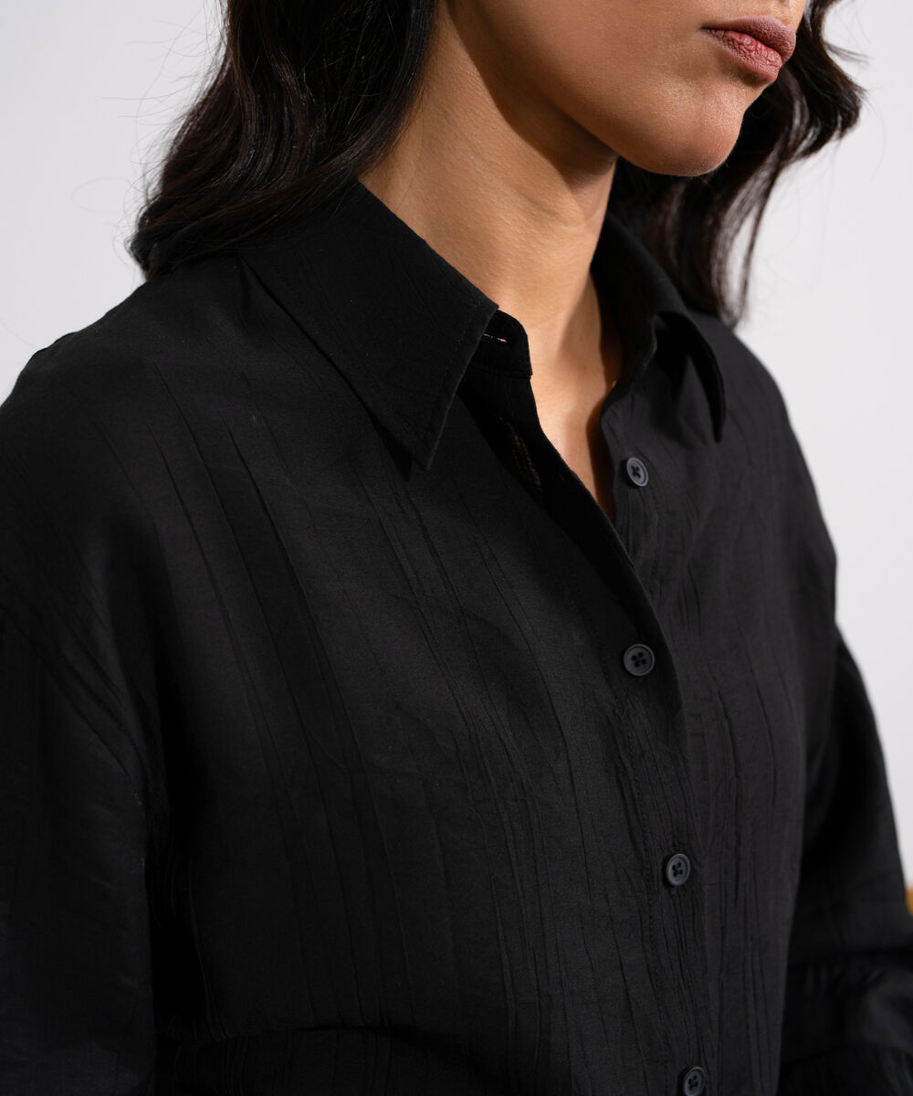 Women's Black Textured Button Through Shirt