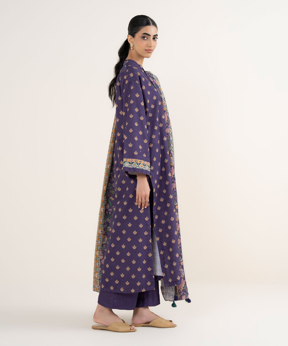 Women's Unstitched Printed Khaddar Purple 3 Piece Suit