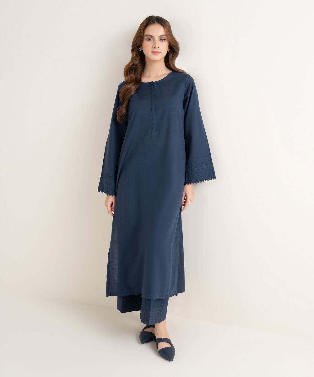 Women's RTW Khaddar Solid A-Line Blue Shirt