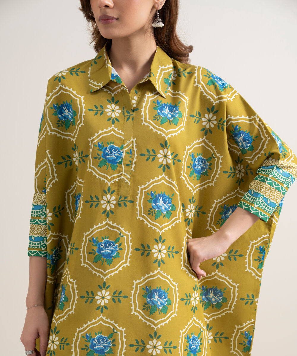 Women's Unstitched Lawn Printed Mustard and Blue 2 Piece Suit