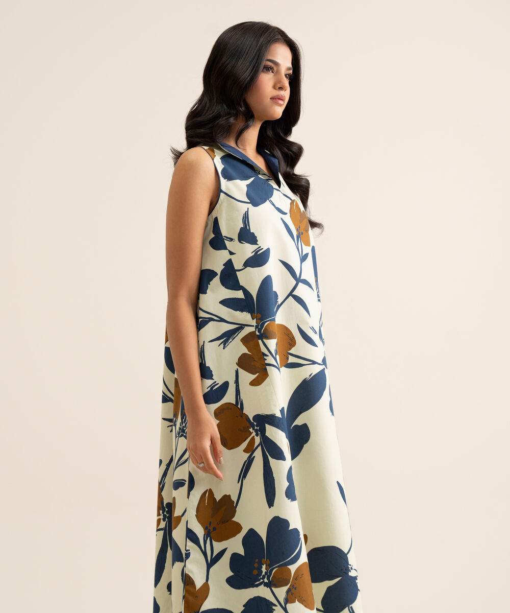 Women's Unstitched Cotton Printed Off White 2 Piece Suit
