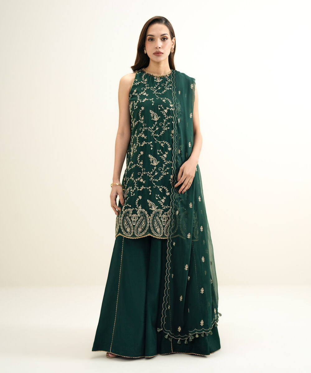 Women's Unstitched Blended Chiffon Embroidered Green 3 Piece Suit