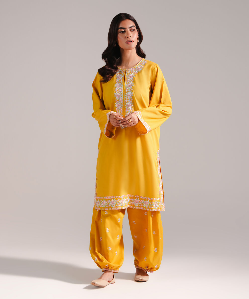 Women's RTW Slub Lawn Embroidered Mustard Yellow 2 Piece Suit