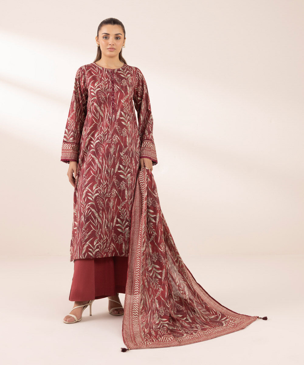 Textured Voile Red Printed Dupatta