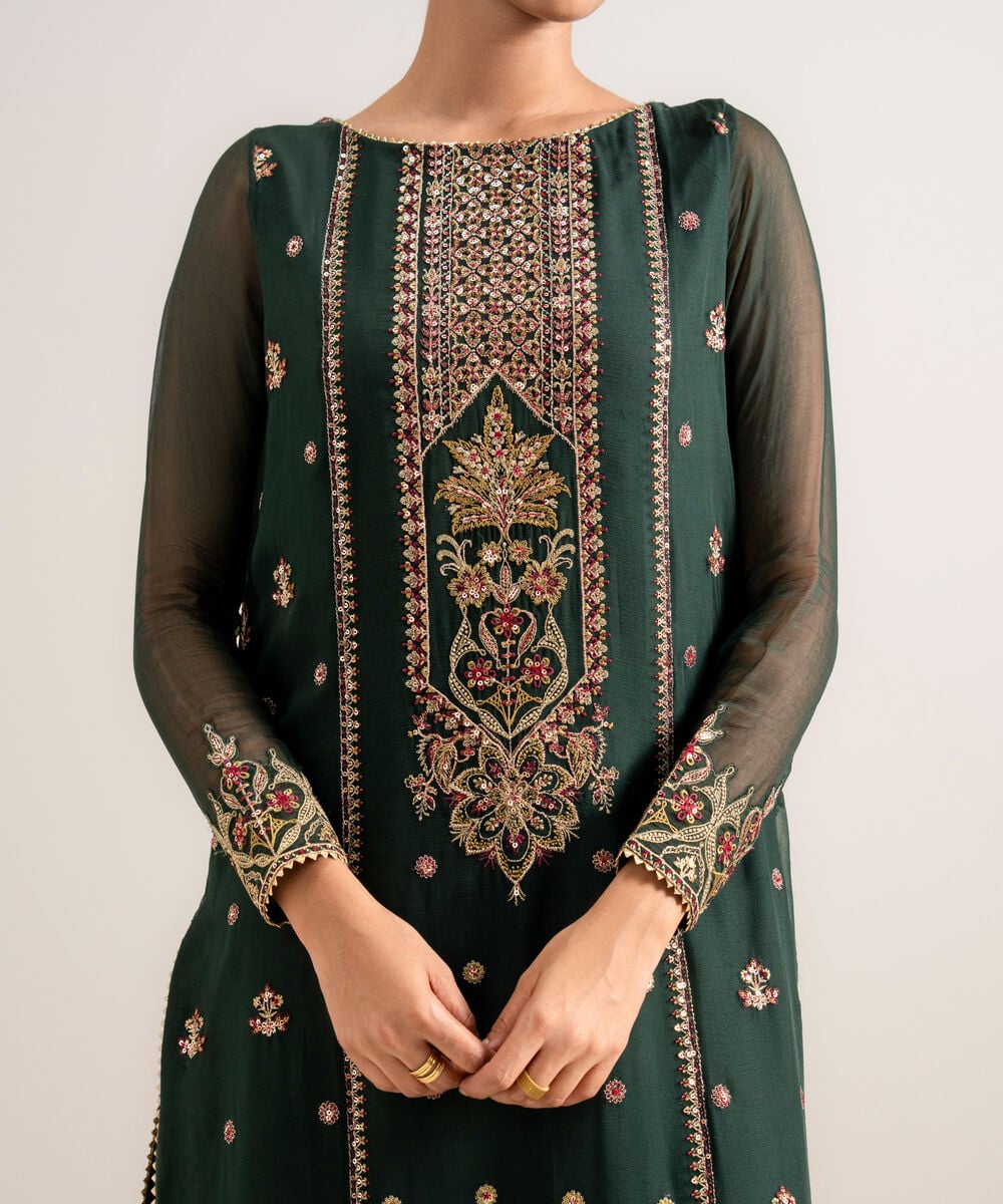 Women's Unstitched Embroidered Blended Chiffon Green 3 Piece Suit