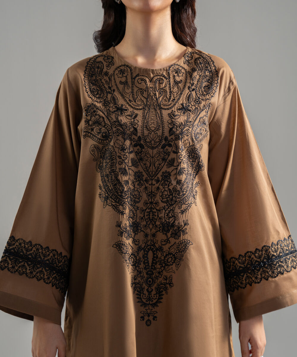 Women's RTW Lawn Solid Embroidered Dark Beige Straight Shirt