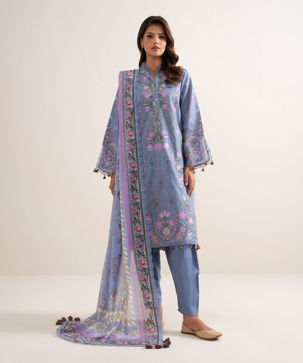 Women's Unstitched Lawn Embroidered Blue 3 Piece Suit