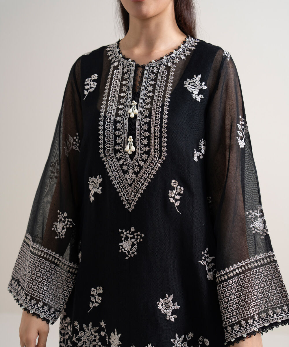 Women's Unstitched Khaddi Net Embroidered Black