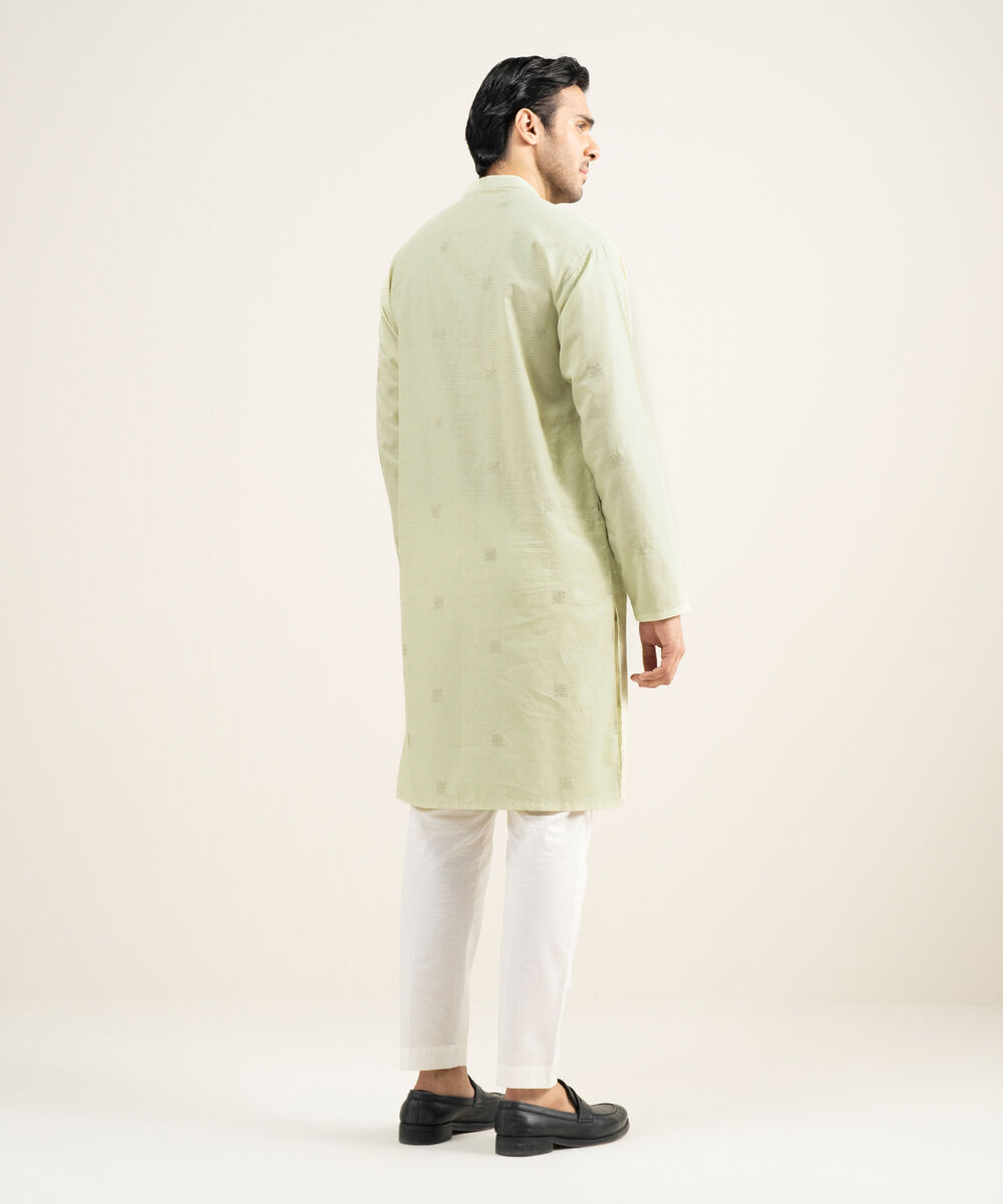 Men's Stitched Cotton Dobby Lime Kurta