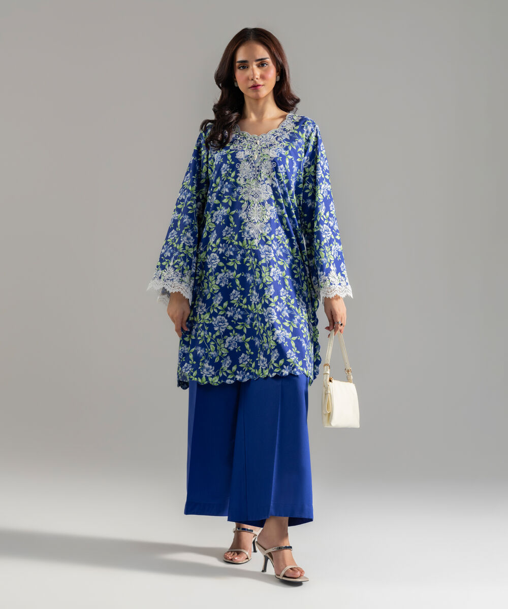 Women's RTW Cotton Viscose Printed Embroidered Blue Straight Shirt