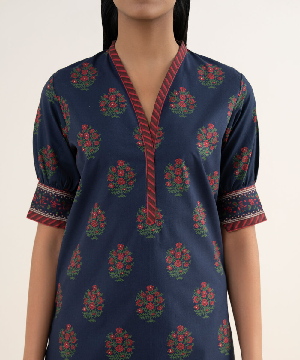 Women's Unstitched Cotton Printed Blue Shirt