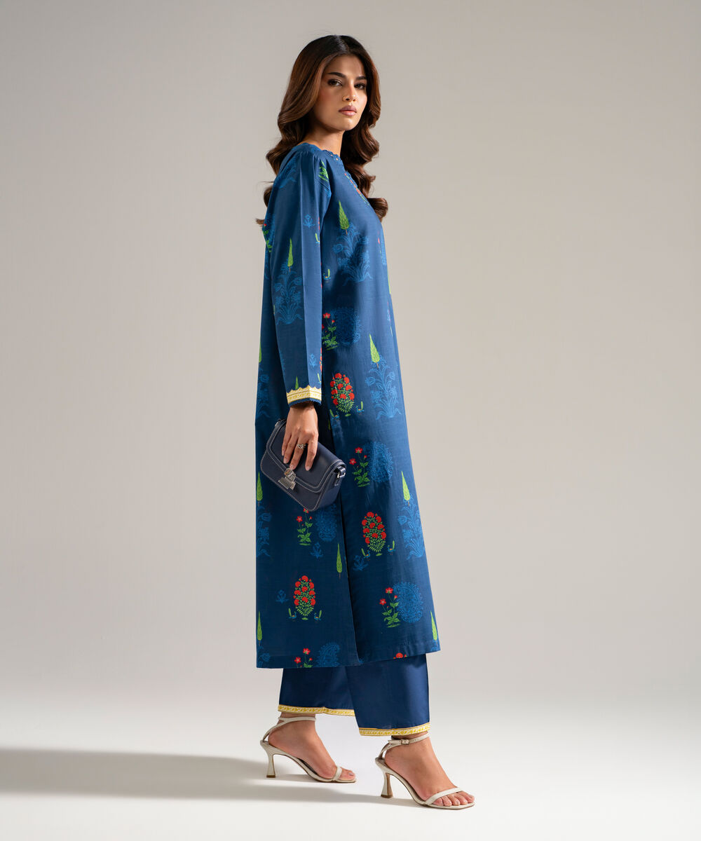 Women's RTW Slub Lawn Printed Turquoise Straight Shirt