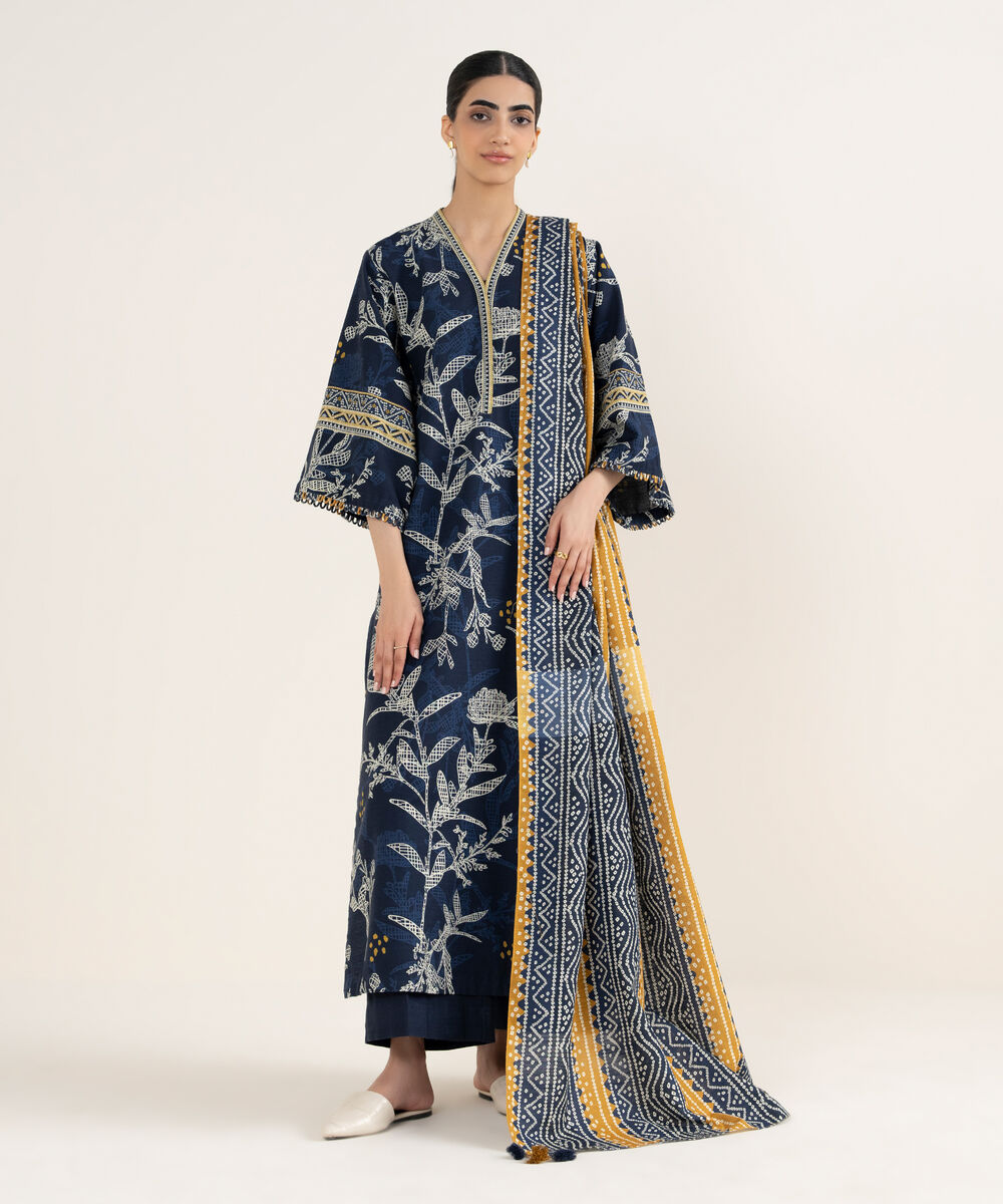Women's Unstitched Printed Khaddar Mid Night Blue 3 Piece Suit